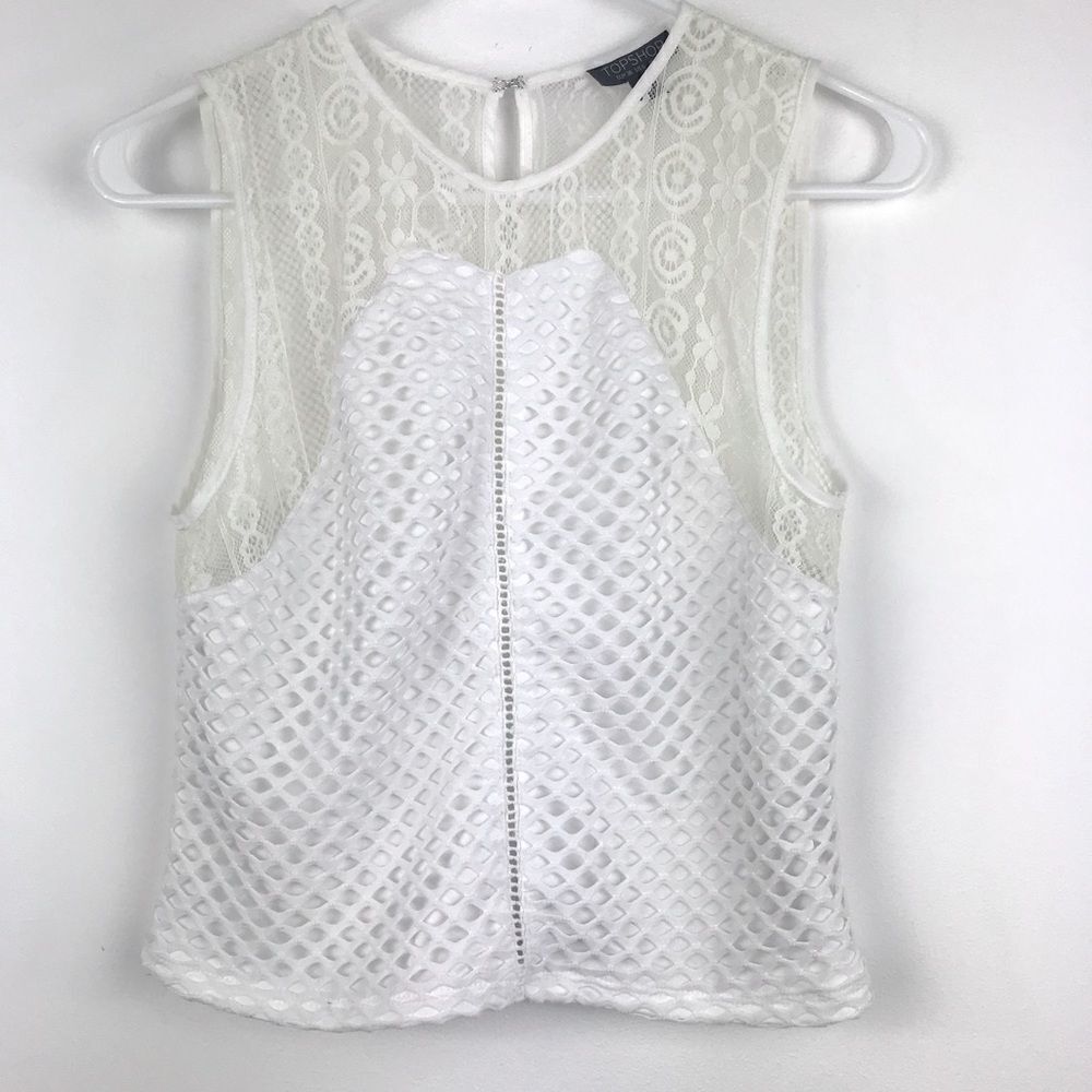 TopShop White Waffle Weave Sleeveless Crop Top with Lace Shoulder detailing